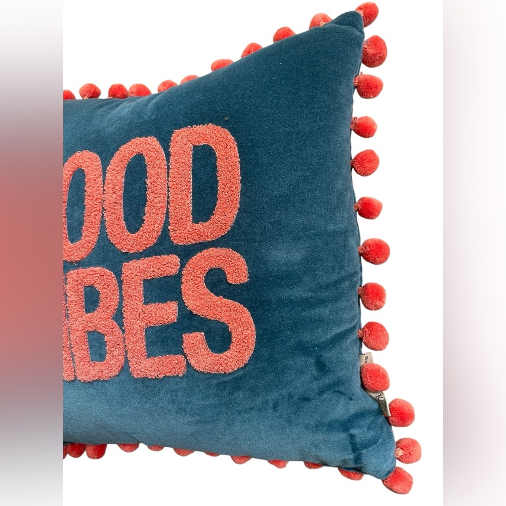 PRIMITIVES BY KATHY Blue Pillow with Coral Text and Pom-Poms “Good Vibes” - Picture 8 of 8